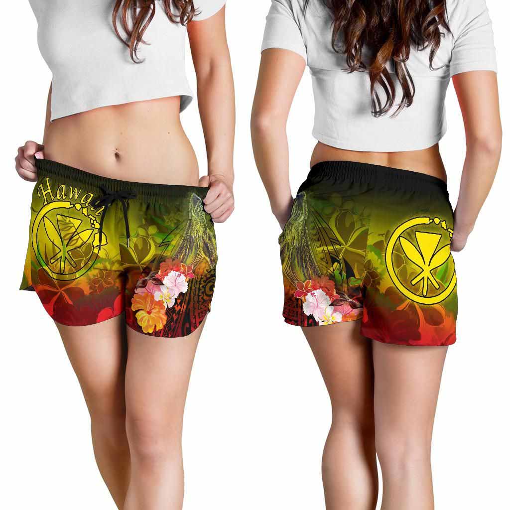 Polynesian Hawaii Women Shorts - Kanaka Maoli Humpback Whale with Tropical Flowers (Yellow)