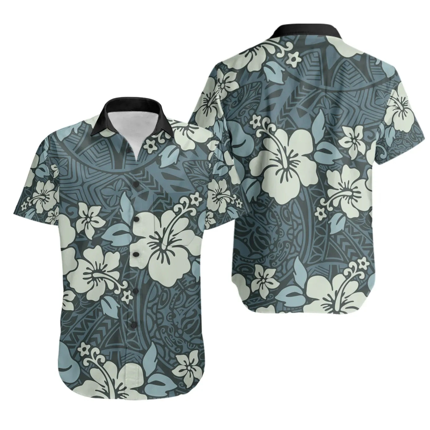 Polynesian Short Sleeve Shirt - Abstract Hibiscus Flowers With Vintage Background
