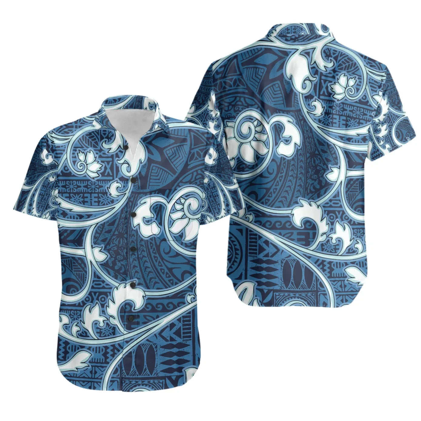 Polynesian Short Sleeve Shirt - Flourish Style With Tribal Fabric Blue Color