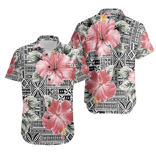 Polynesian Short Sleeve Shirt - Pink Hibiscus Flower With Tapa Pattern