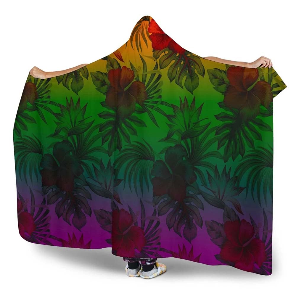 Polynesian Hooded Blanket - Green Hibiscus Patterns