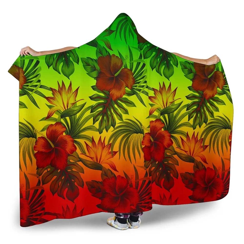 Polynesian Hooded Blanket - Reggae Hibiscus Patterns