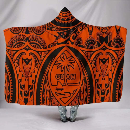 Polynesian Hooded Blankets - Guam Flag Seal with Maui Moana Tattoo Orange