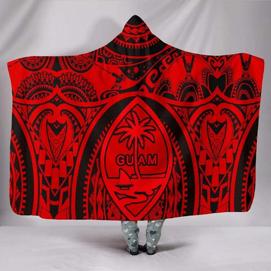 Polynesian Hooded Blankets - Guam Flag Seal with Maui Moana Tattoo Red