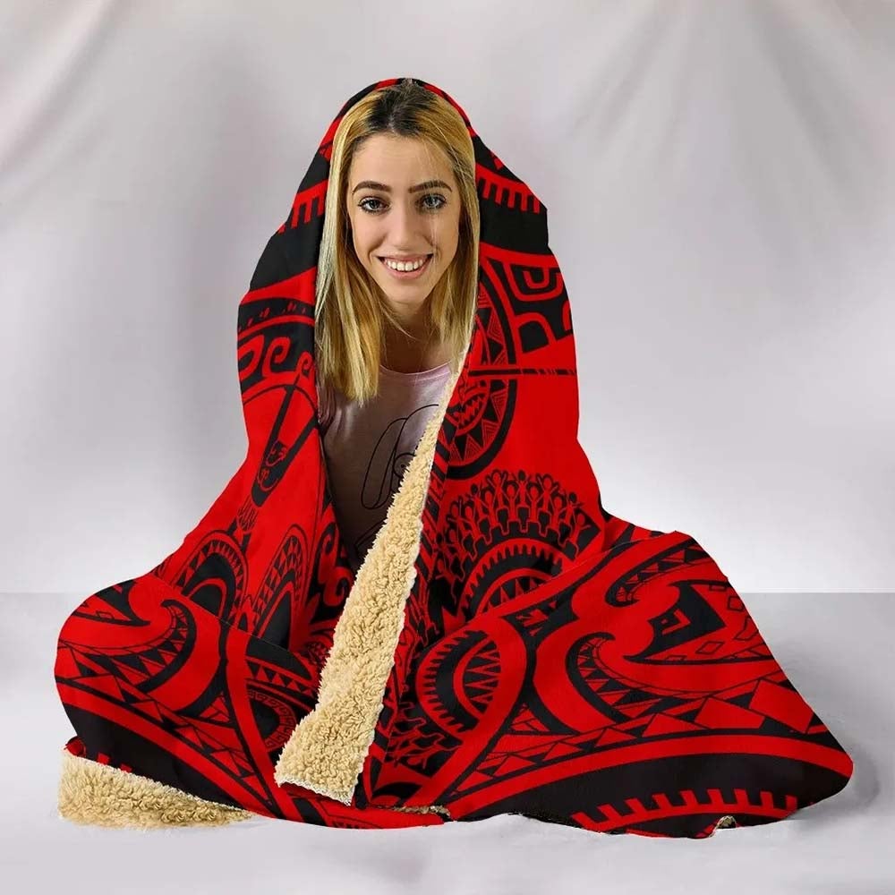 Polynesian Hooded Blankets - Guam Flag Seal with Maui Moana Tattoo Red