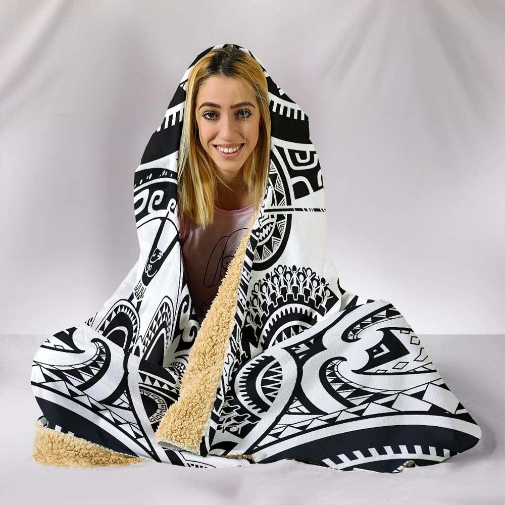 Polynesian Hooded Blankets - Guam Flag Seal with Maui Moana Tattoo White