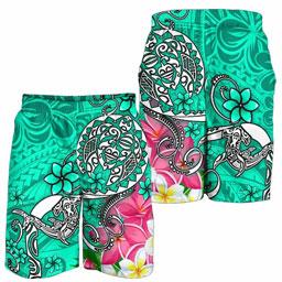 Polynesian Men Shorts - Turtle Plumeria Turquoise Color