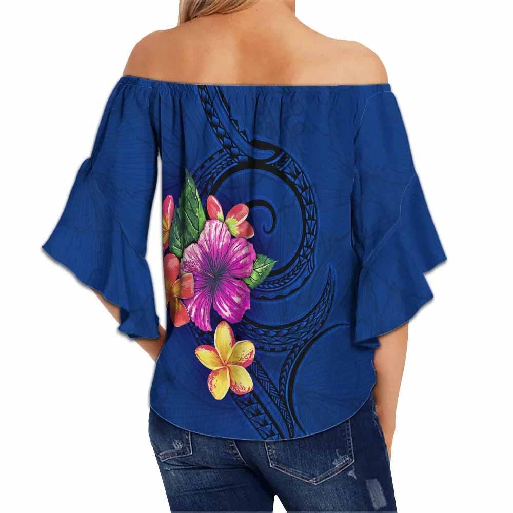 Polynesian Off Shoulder Wrap Waist Top - Floral With Seal Blue