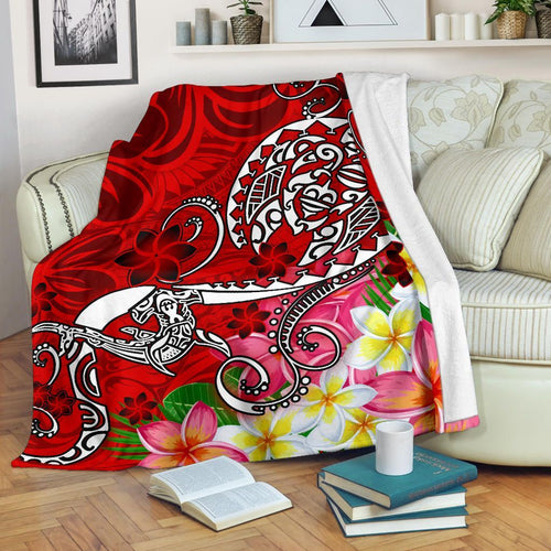 Polynesian Premium Blanket - Turtle Plumeria Red Color