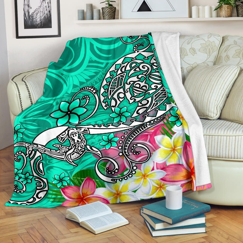 Polynesian Premium Blanket - Turtle Plumeria Turquoise Color