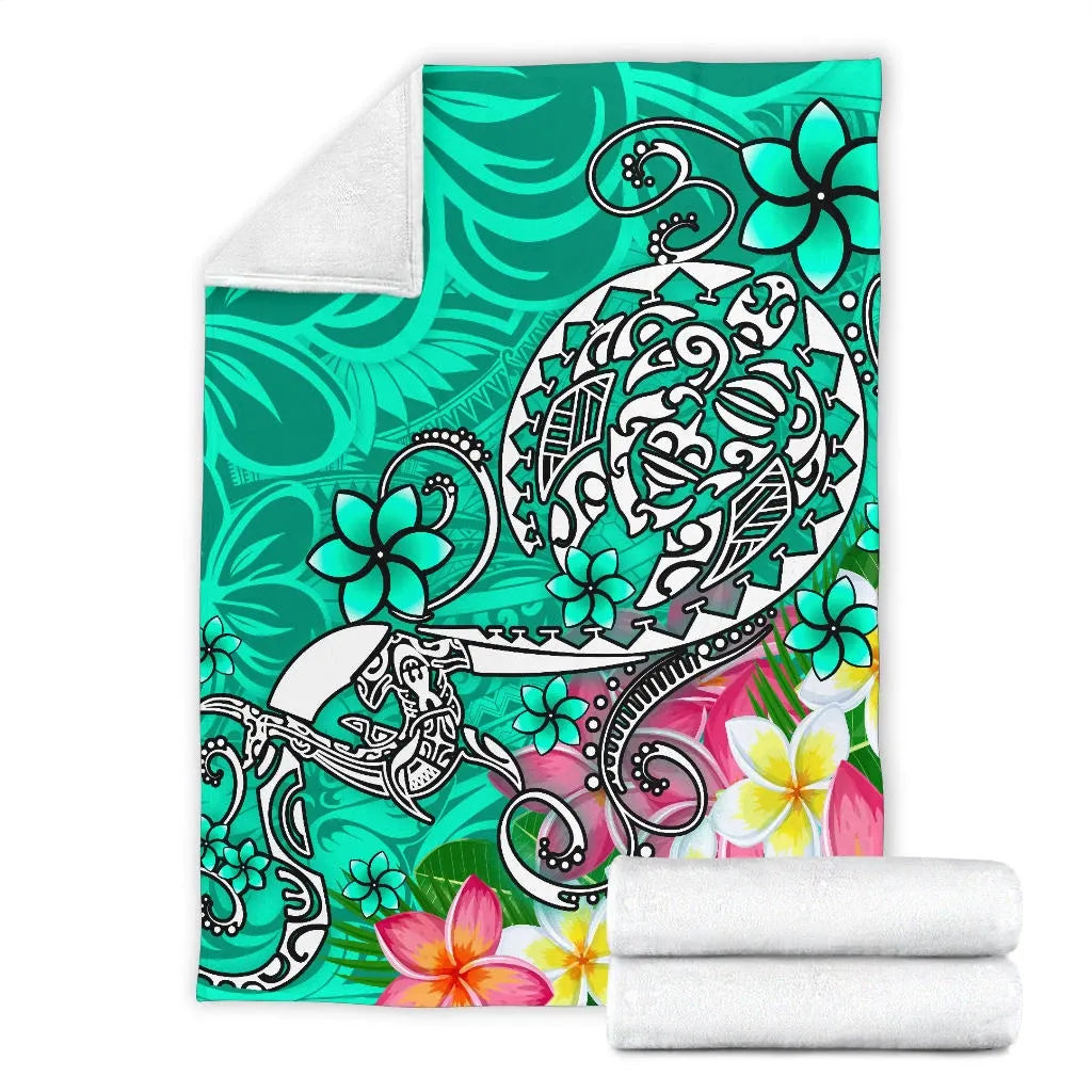 Polynesian Premium Blanket - Turtle Plumeria Turquoise Color