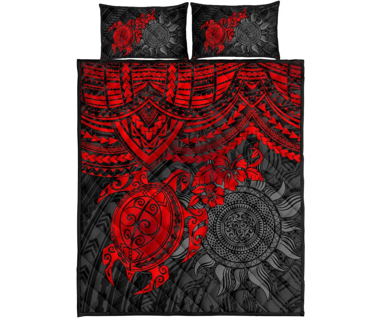 Polynesian Quilt Bed Set - Polynesian Red Turtle Hibiscus