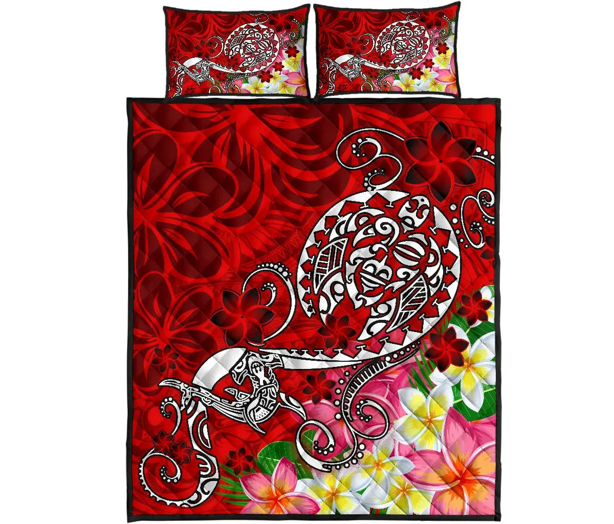 Polynesian Quilt Bed Set - Turtle Plumeria Red Color