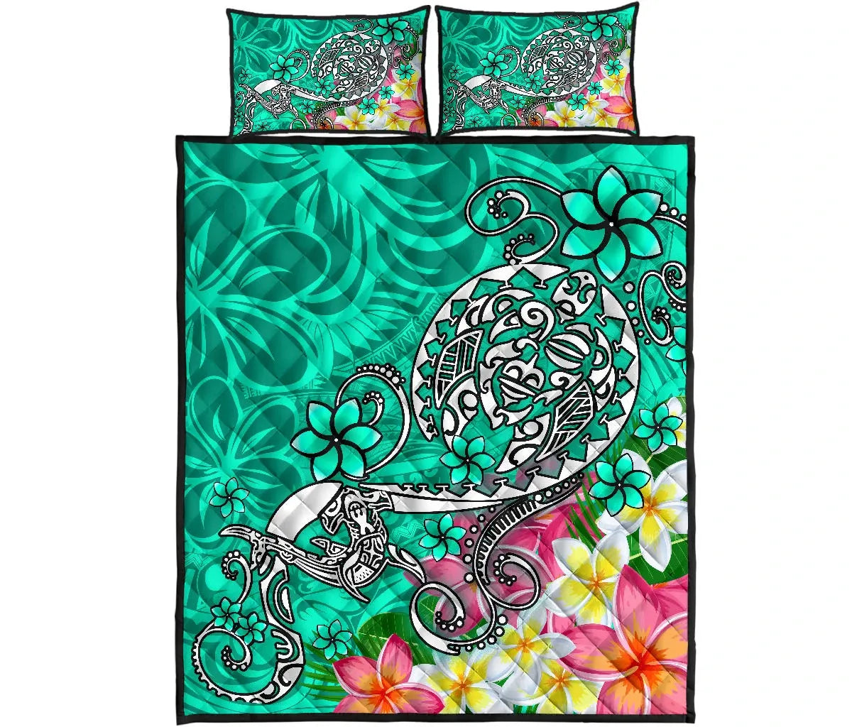 Polynesian Quilt Bed Set - Turtle Plumeria Turquoise Color