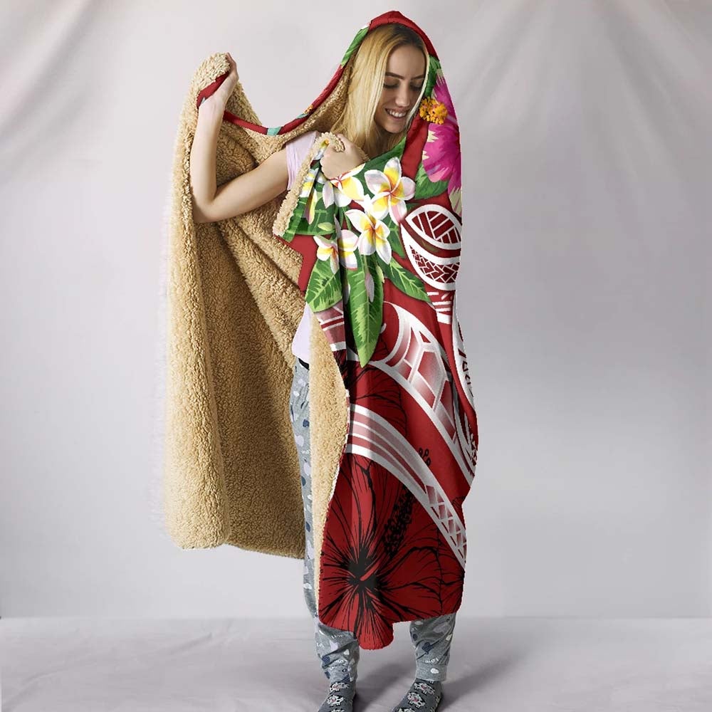 Polynesian Samoa Hooded Blanket - Summer Plumeria (Red)