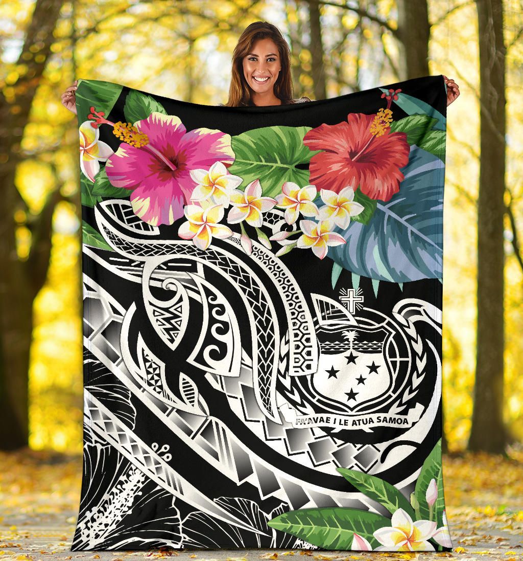 Polynesian Samoa Premium Blanket - Summer Plumeria (Black)