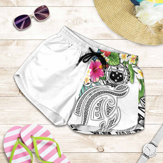 Polynesian Samoa Women Shorts - Summer Plumeria (White)