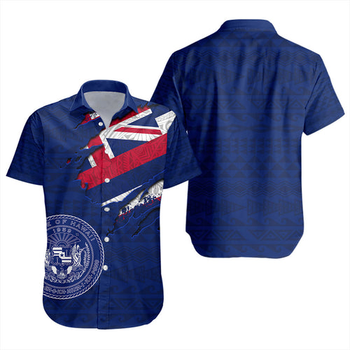 Hawaii Short Sleeve Shirt Polynesia Tribal Flag With Coat Of Arms Crack Style