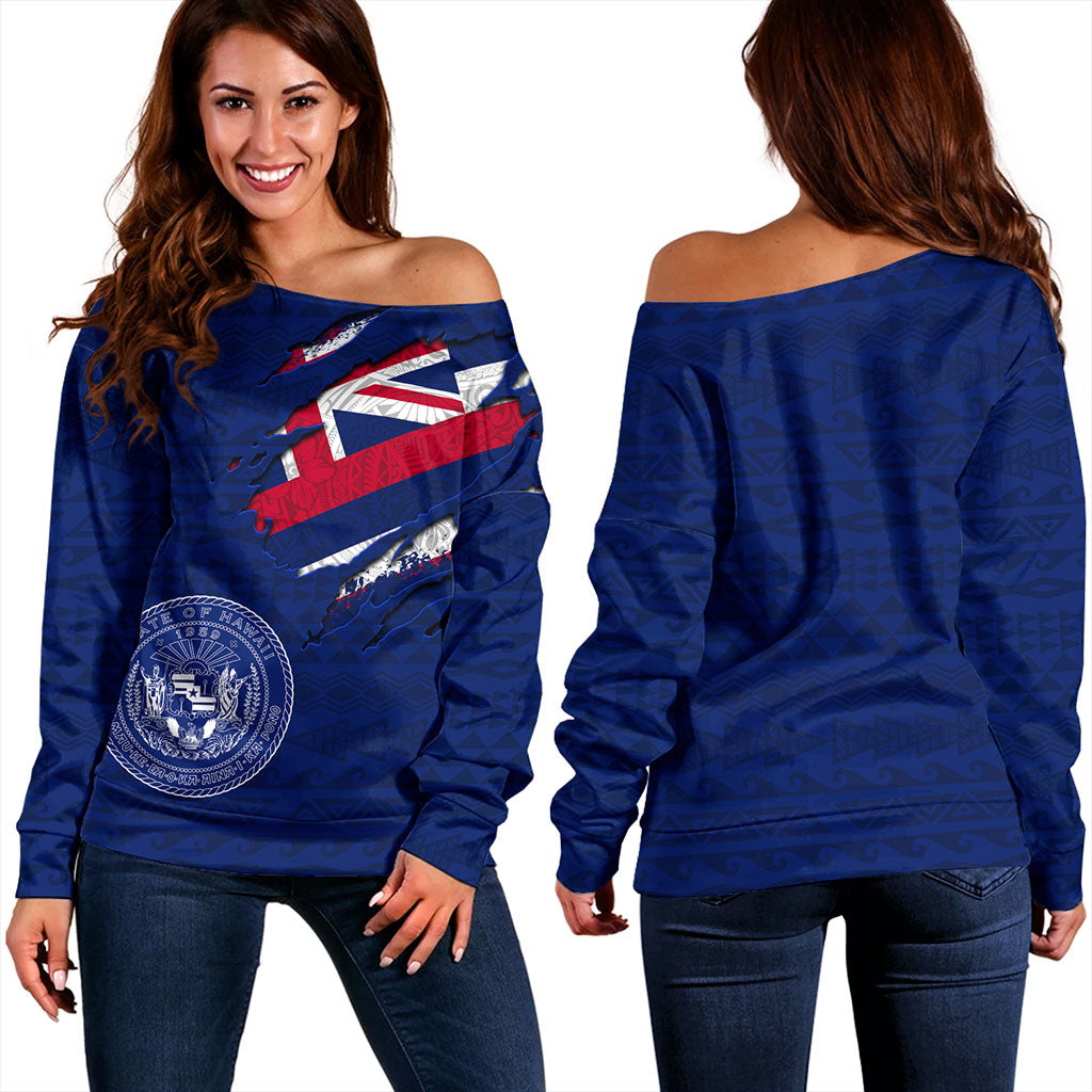 Hawaii Off Shoulder Sweatshirt Polynesia Tribal Flag With Coat Of Arms Crack Style