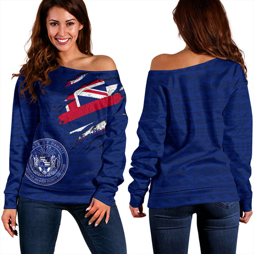 Hawaii Off Shoulder Sweatshirt Polynesia Tribal Flag With Coat Of Arms Crack Style