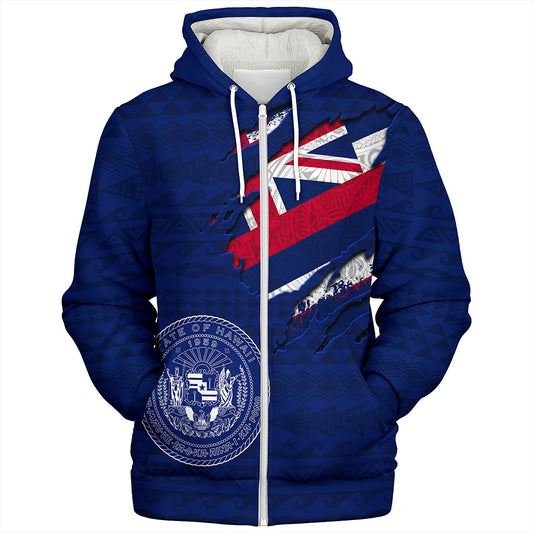 Hawaii Sherpa Hoodie Polynesia Tribal Flag With Coat Of Arms Crack Style