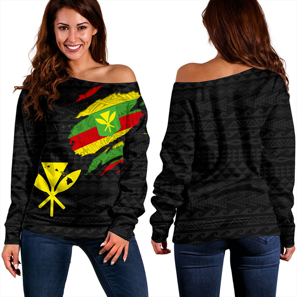Hawaii Off Shoulder Sweatshirt Polynesia Tribal Kanaka Maoli Flag Crack Style