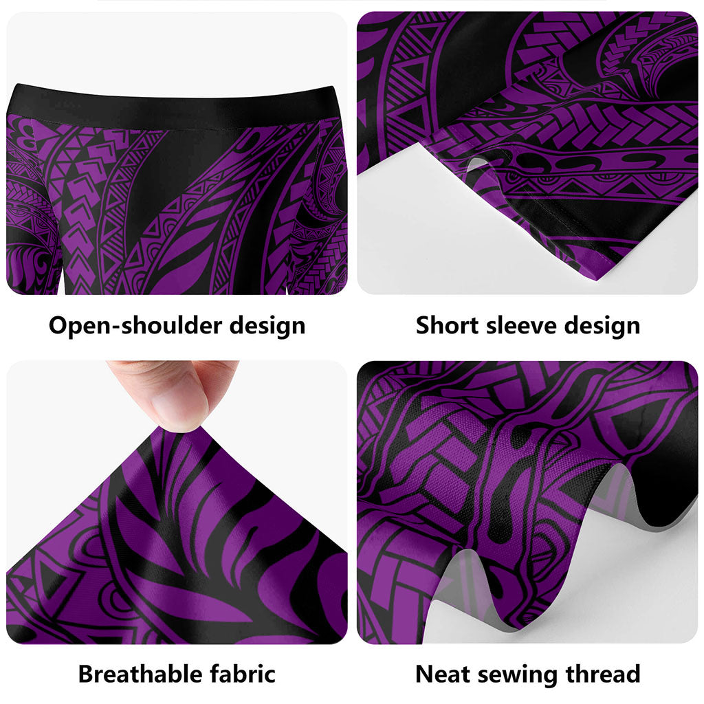 Hawaii Short Sleeve Off The Shoulder Lady Dress Tribal Pattern Polynesian Purple