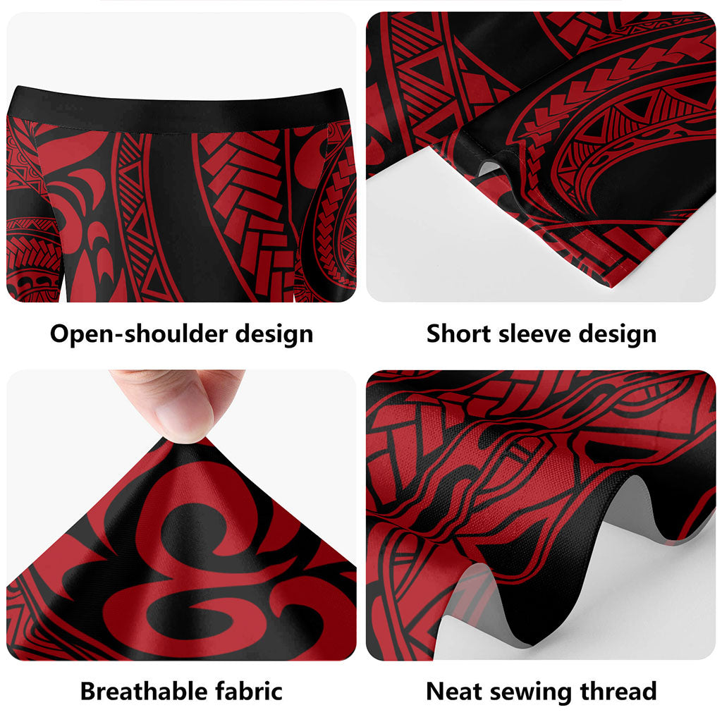 Hawaii Short Sleeve Off The Shoulder Lady Dress Tribal Pattern Polynesian Red