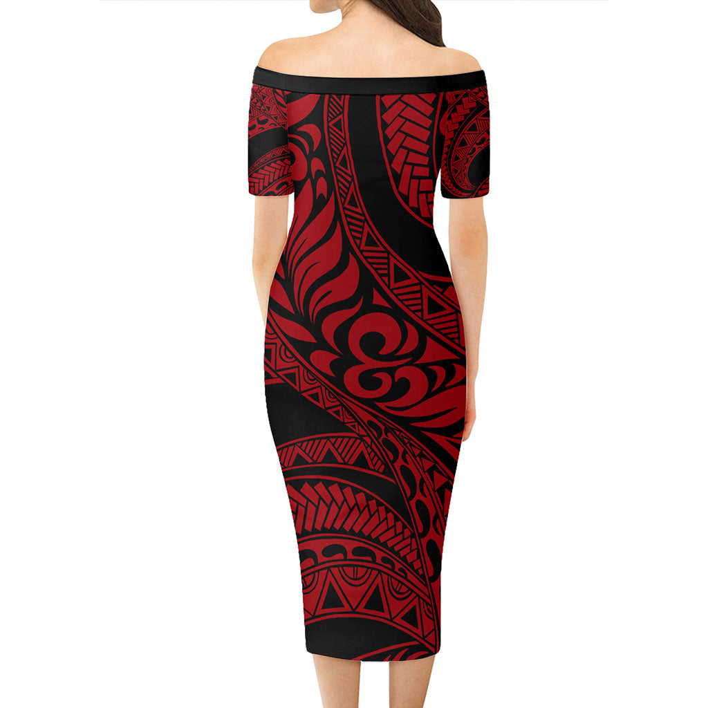 Hawaii Short Sleeve Off The Shoulder Lady Dress Tribal Pattern Polynesian Red