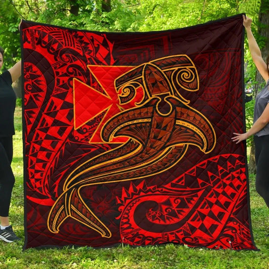 Polynesian Wallis and Futuna Premium Quilt - Red Shark Polynesian Tattoo