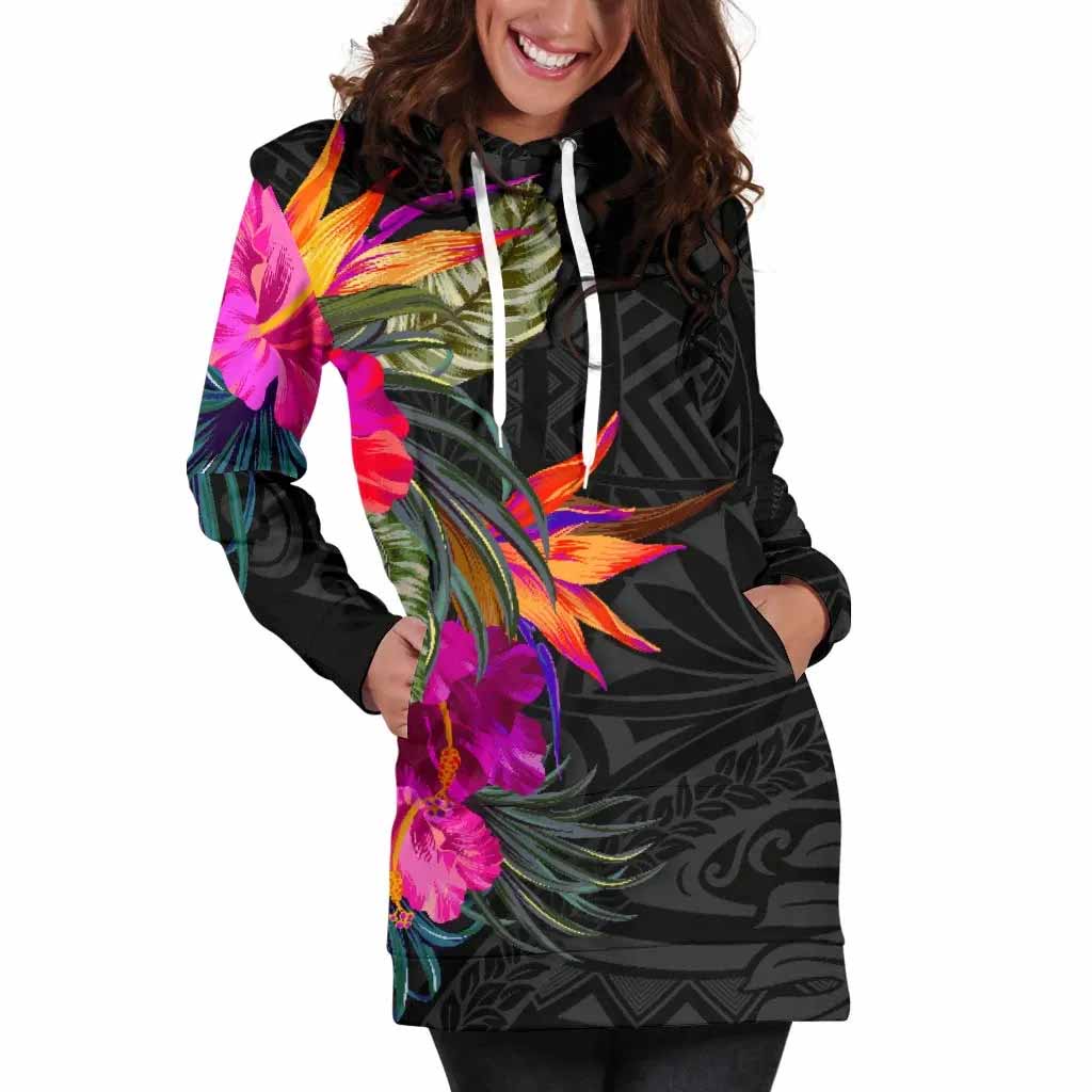 Polynesian Female Hoodie Dress - Hibiscus Pattern