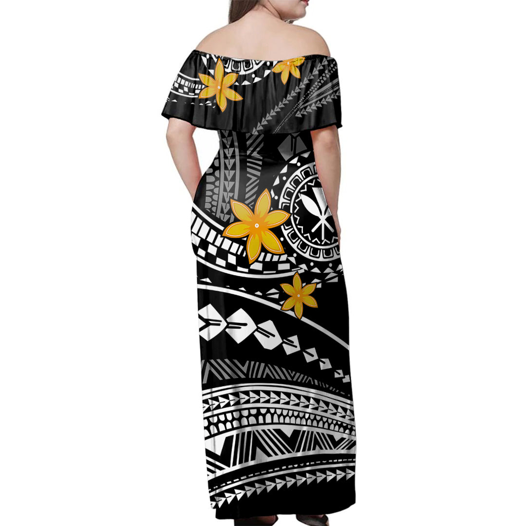 Hawaii Woman Off Shoulder Long Dress Kanaka Tribal Plumeria