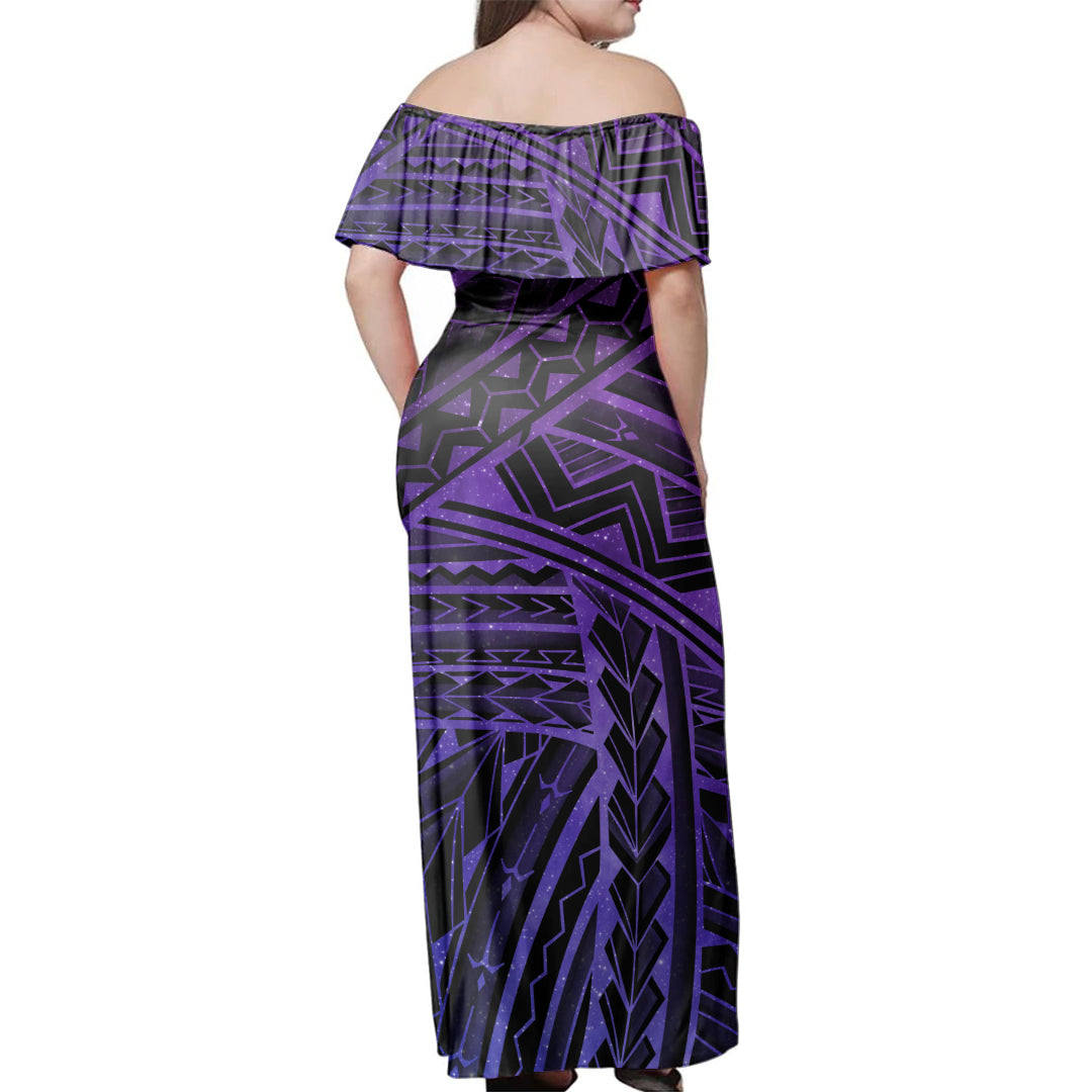 Polynesian Woman Off Shoulder Long Dress Tribal Style Purple