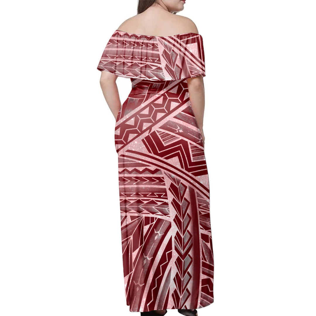 Polynesian Woman Off Shoulder Long Dress Tribal Style Red