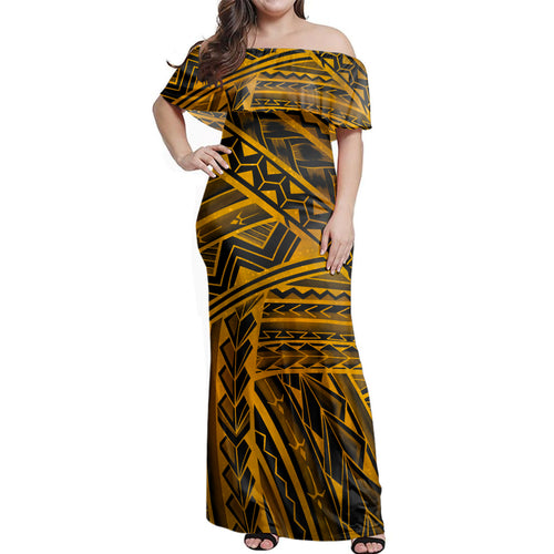 Polynesian Woman Off Shoulder Long Dress Tribal Style Yellow