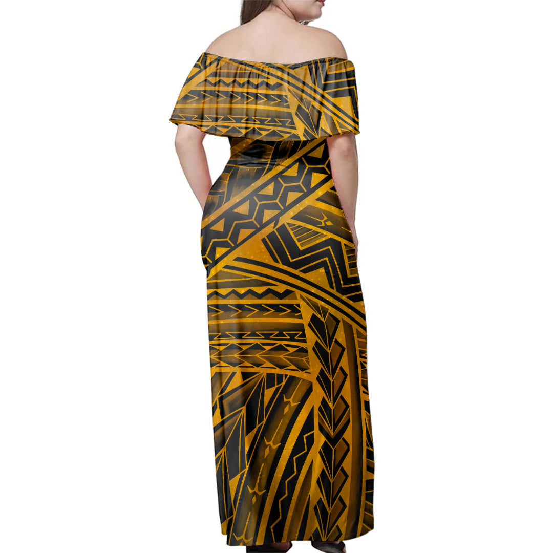 Polynesian Woman Off Shoulder Long Dress Tribal Style Yellow