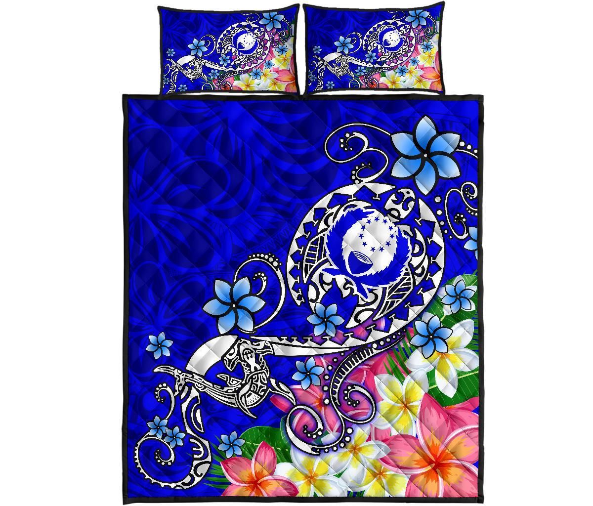 Pohnpei Quilt Bed Set - Turtle Plumeria (Blue)