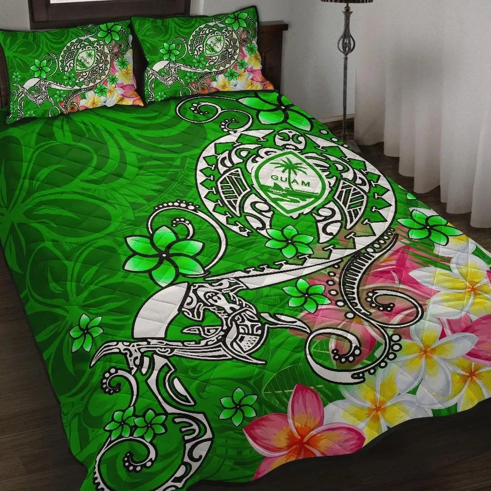 Guam Quilt Bed Set - Turtle Plumeria (Green)