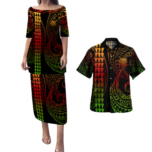 Papua New Guinea Combo Puletasi And Shirt Kakau Style Reggae