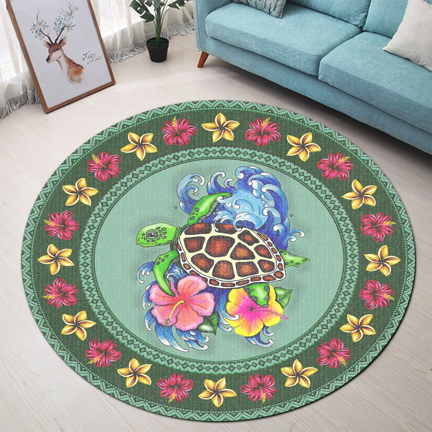 Hawaii Round Rugs Turtle Hibiscus