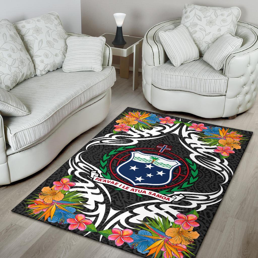 Samoa Area Rug - Coat Of Arm With Tropical Flowers