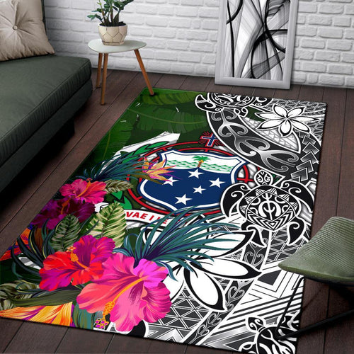 Samoa Area Rug White - Turtle Plumeria Banana Leaf