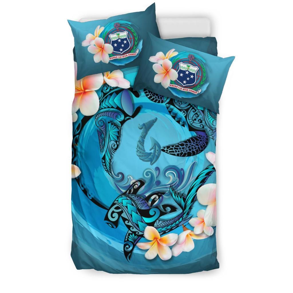 Polynesian Duvet Cover Set - Samoa Bedding Set Blue Plumeria Animal Tattoo