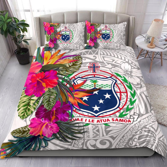 Samoa Bedding Set - Hibiscus Polynesian Pattern White Version