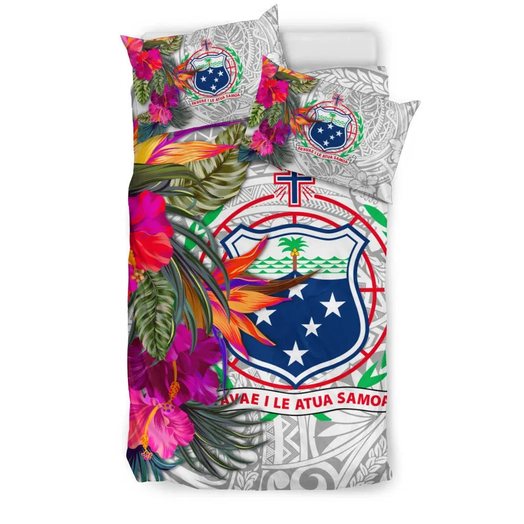 Samoa Bedding Set - Hibiscus Polynesian Pattern White Version