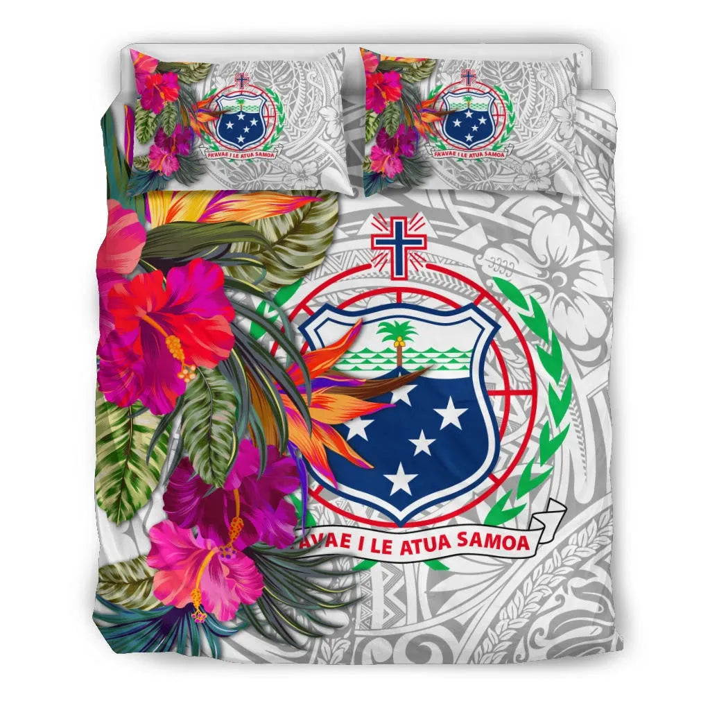 Samoa Bedding Set - Hibiscus Polynesian Pattern White Version
