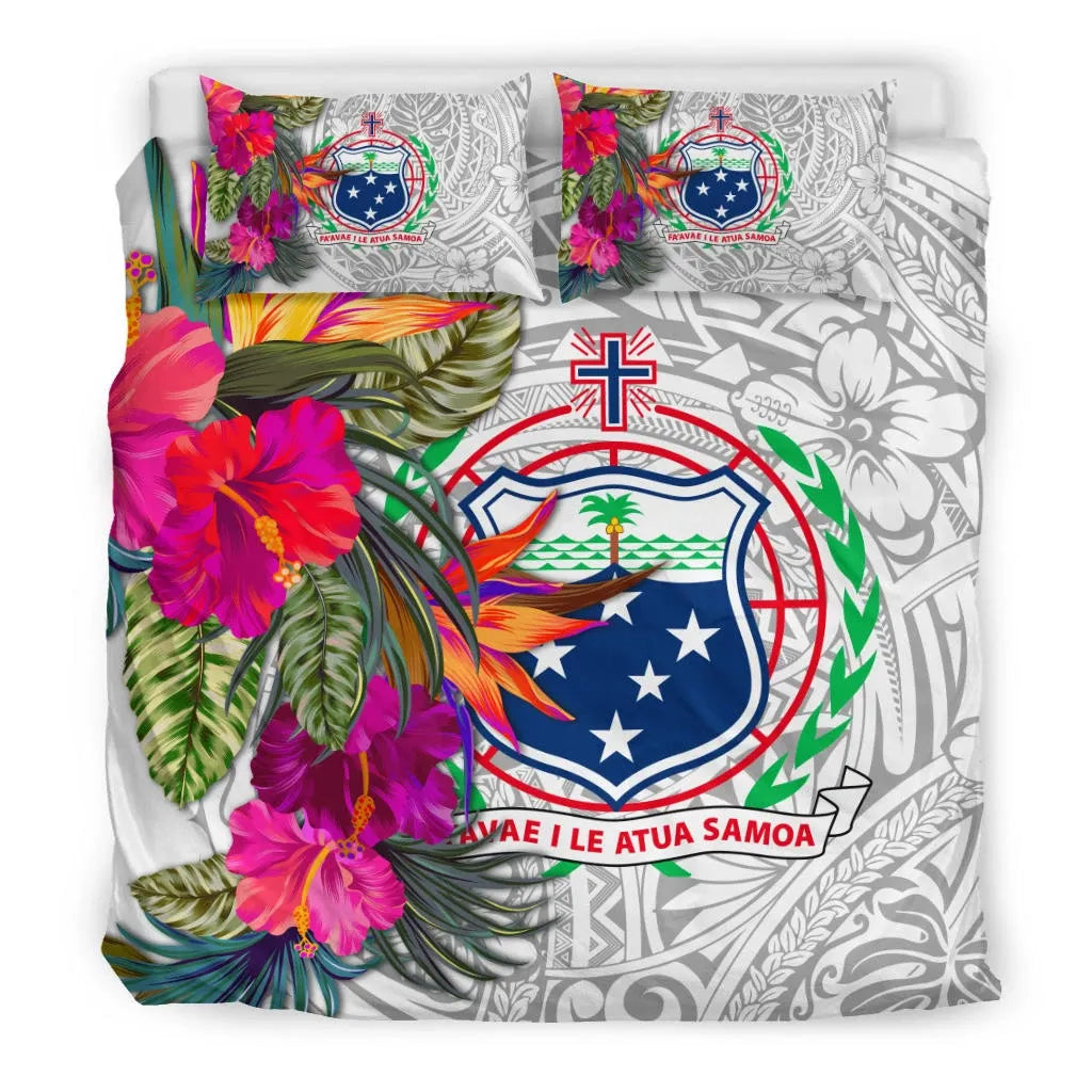 Samoa Bedding Set - Hibiscus Polynesian Pattern White Version