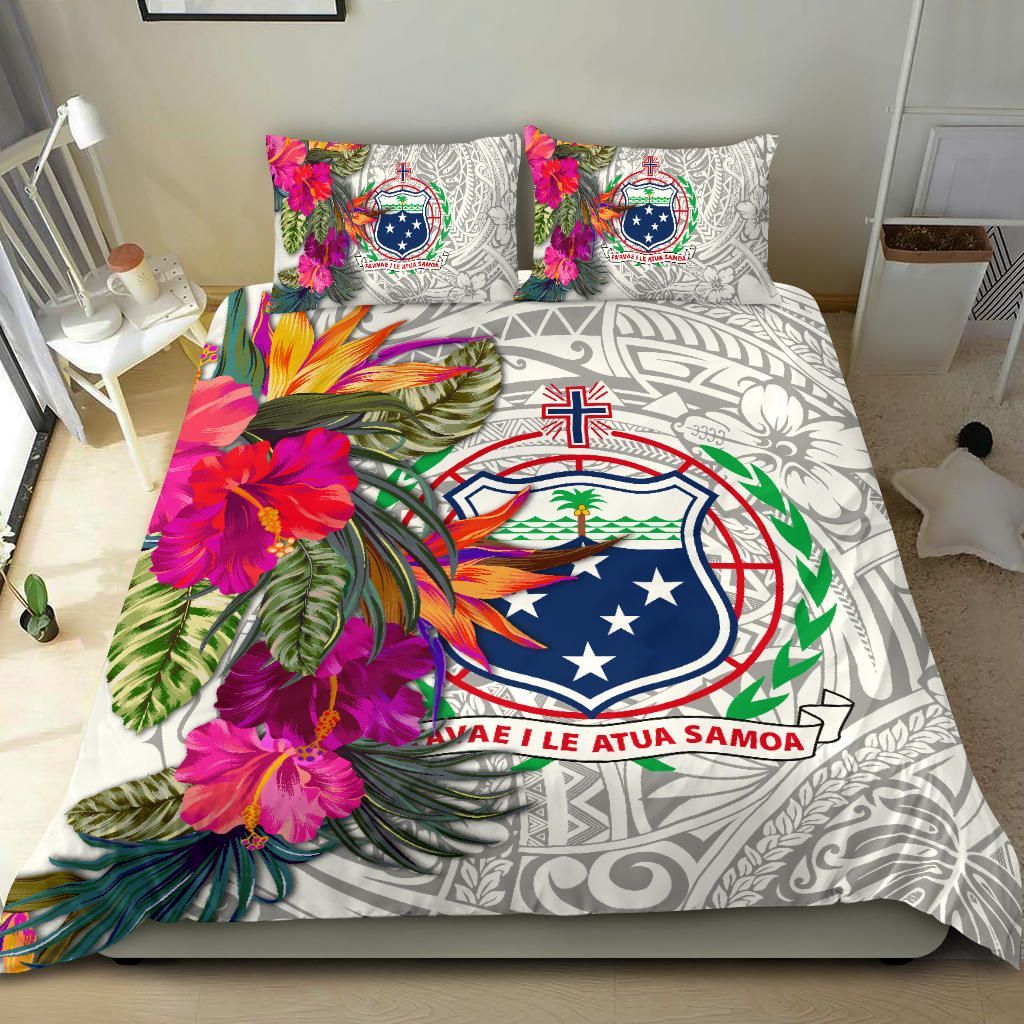 Samoa Bedding Set - Hibiscus Polynesian Pattern White Version