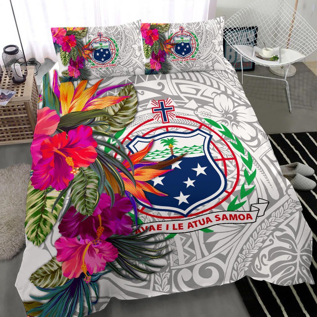 Samoa Bedding Set - Hibiscus Polynesian Pattern White Version