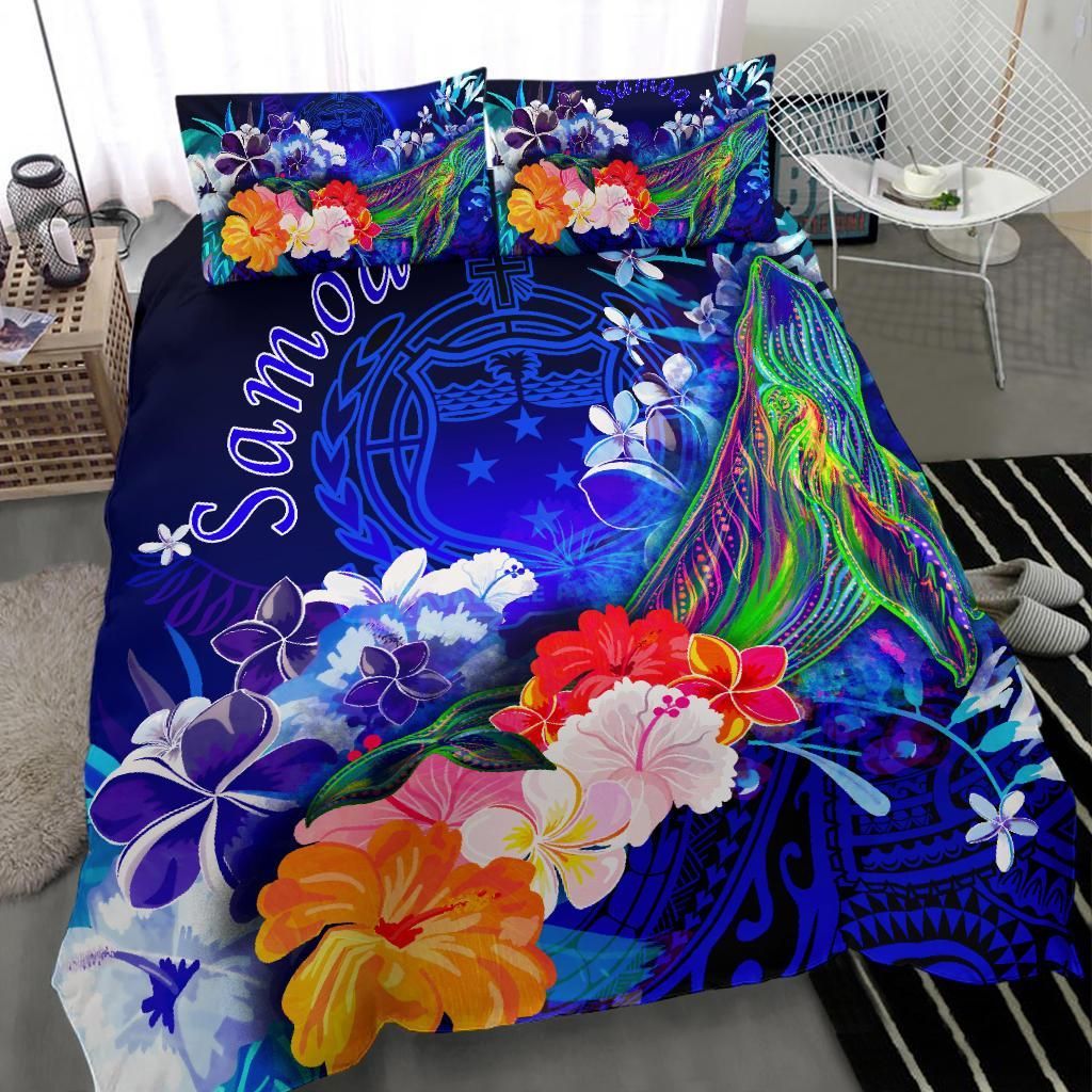 Samoa Bedding Set - Humpback Whale With Tropical Flowers (Blue)